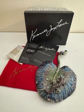 Kenneth Jay Lane Ginkgo Leaf Trinket Tray Jeweled Lizard Frog Enamel KJL dish